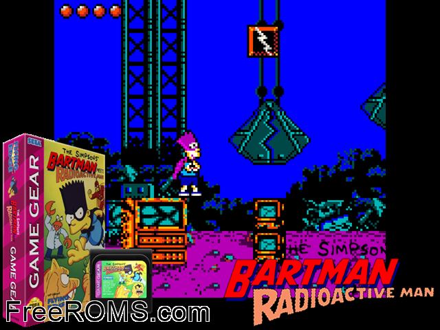 Bartman Meets Radioactive Man Game Gear game showing 3D box cover and gameplay screenshot